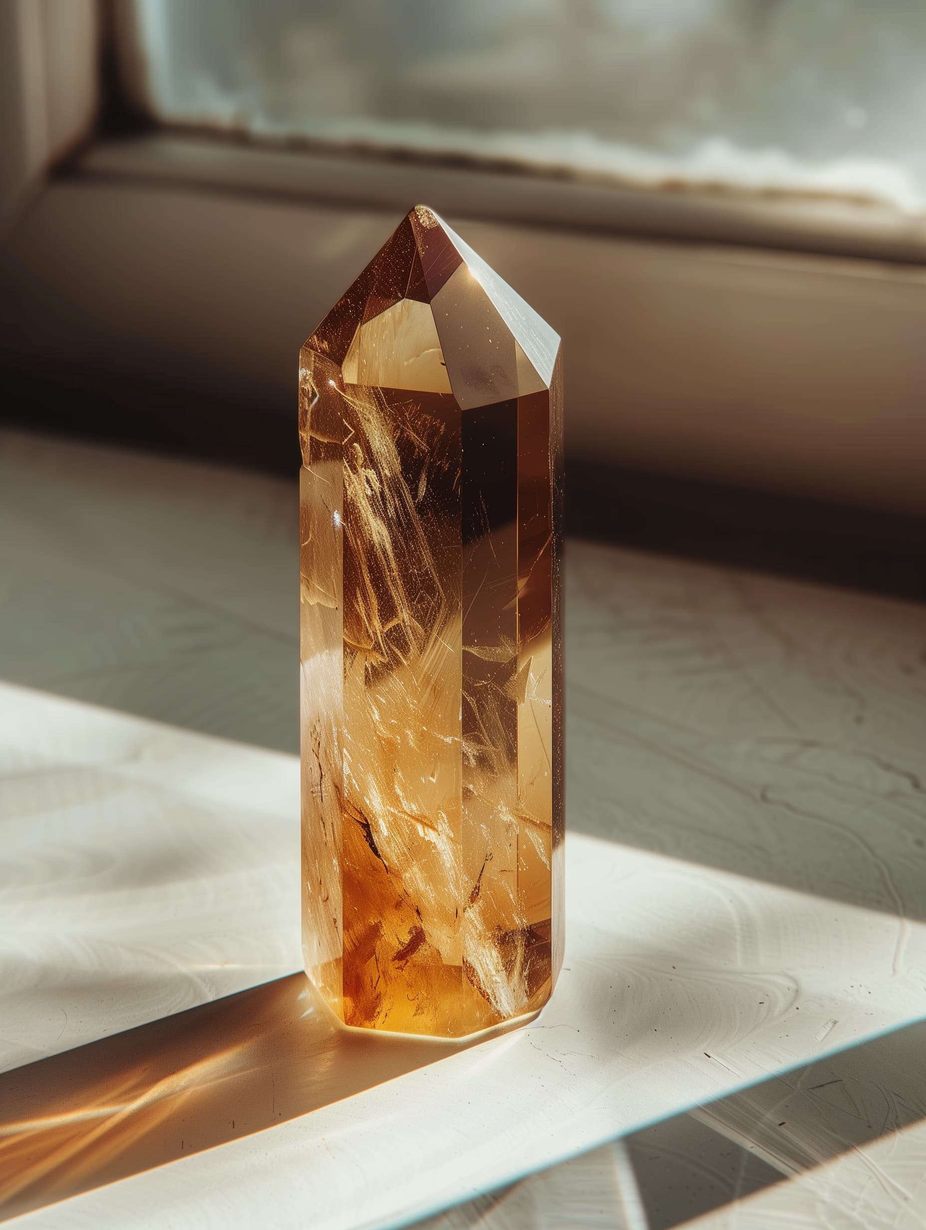 Amber crystal catching warm light