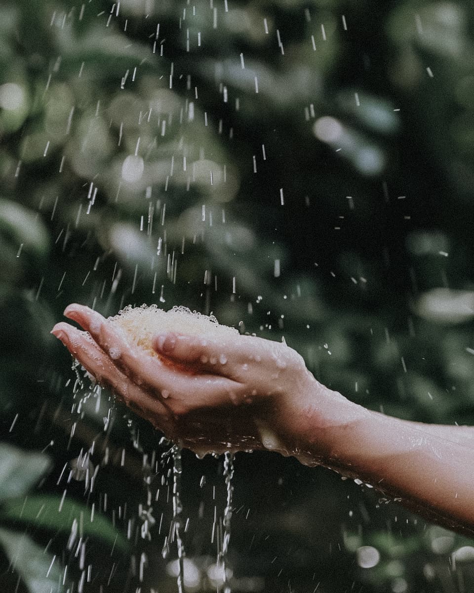 Natural healing process represented by hand catching rain, symbolizing skin regeneration